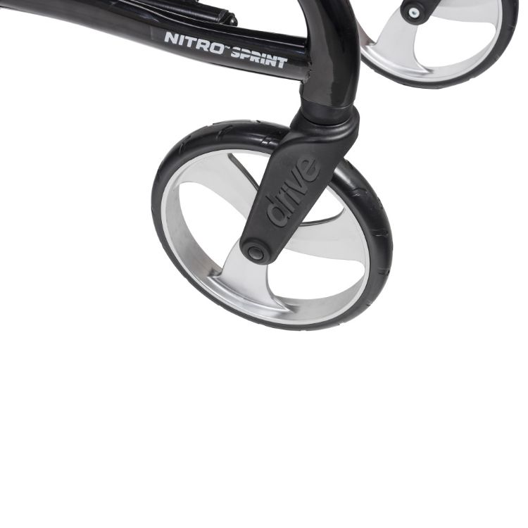 Black Drive Nitro Sprint Rollator With with Accessories (Weight Capacity 350LBS) front wheel 