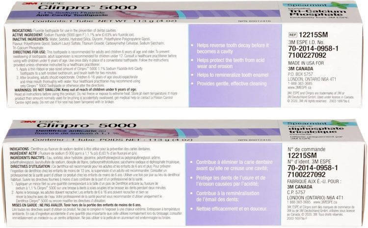Ingredients list on 3M Clinpro 5000 Anti-Cavity Toothpaste Vanilla Mint packaging, showing active ingredient 1.1% sodium fluoride