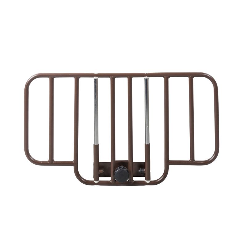 Half length bariatric bed rail with brown finish for lightweight homecare bed